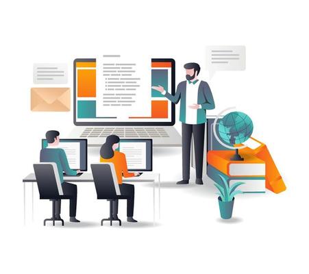 studying-in-class-with-laptop-in-flat-design-free-vector